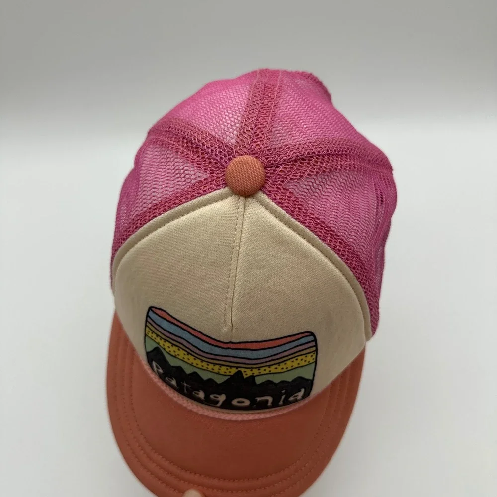 Patagonia Pink Fitz Roy Mountain & Sky Logo Trucker Mesh Hat Snapback youth